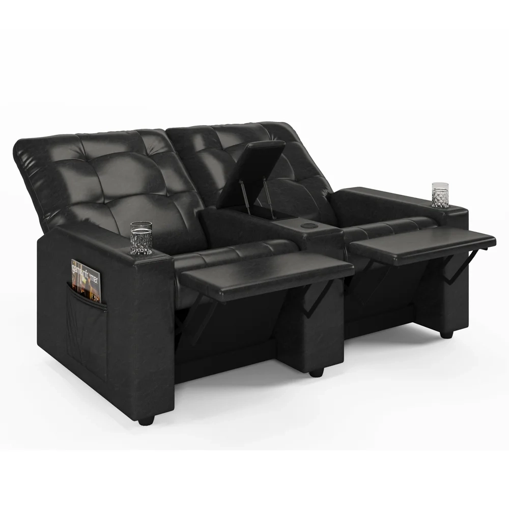 Poltrona de Cinema Reclinável 2 Lugares Baú USB Mallie FH9 PU Preto Brilho - Mpozenato