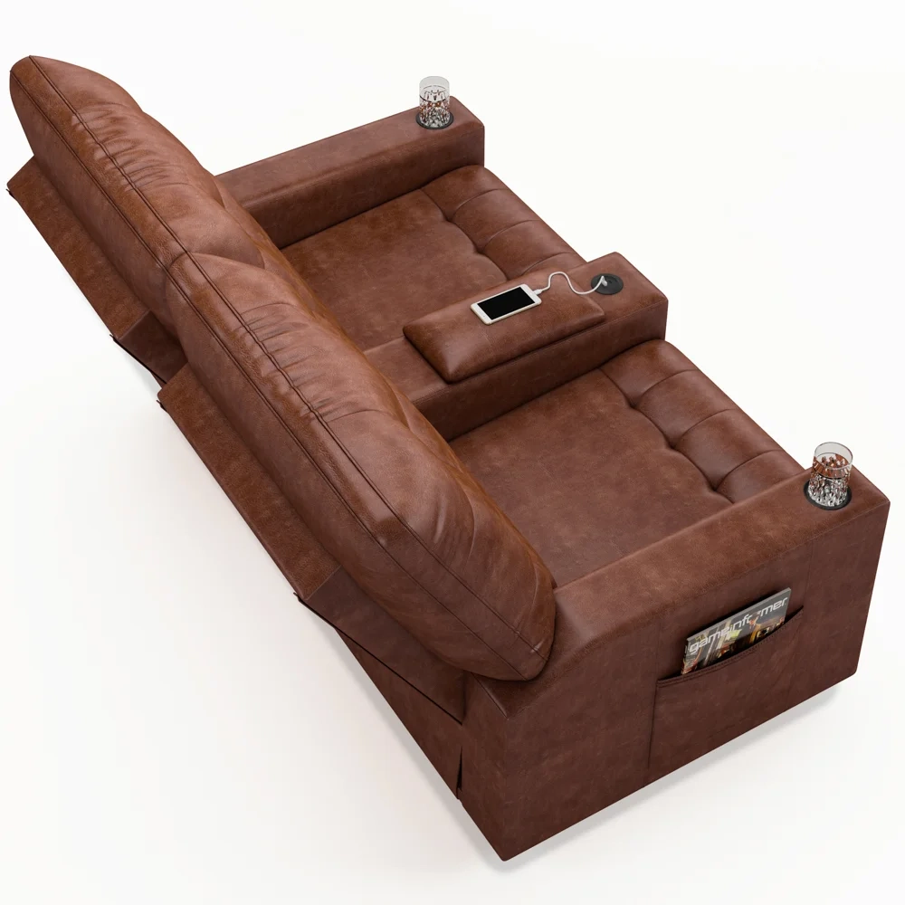 Poltrona de Cinema Reclinável 2 Lugares Baú USB Mallie FH9 PU Marrom Brilho - Mpozenato