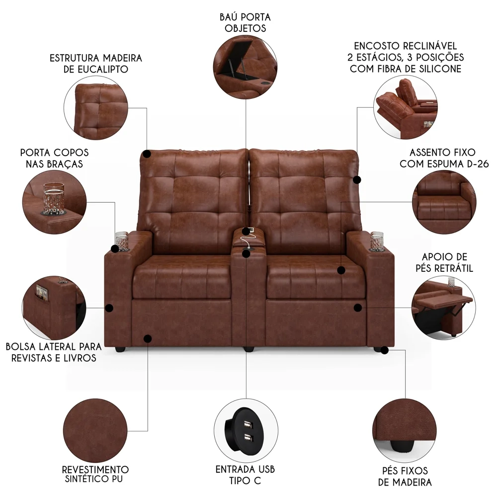 Poltrona de Cinema Reclinável 2 Lugares Baú USB Mallie FH9 PU Marrom Brilho - Mpozenato