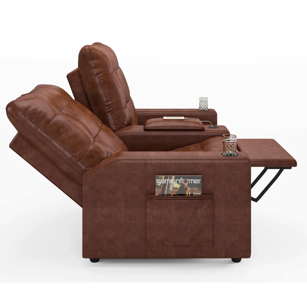 Poltrona de Cinema Reclinável 2 Lugares Baú USB Mallie FH9 PU Marrom Brilho - Mpozenato