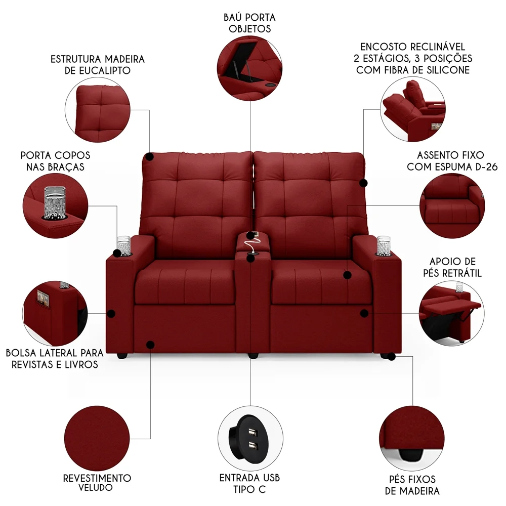 Poltrona de Cinema Reclinável 2 Lugares Baú USB Mallie FH9 Veludo Vermelho - Mpozenato