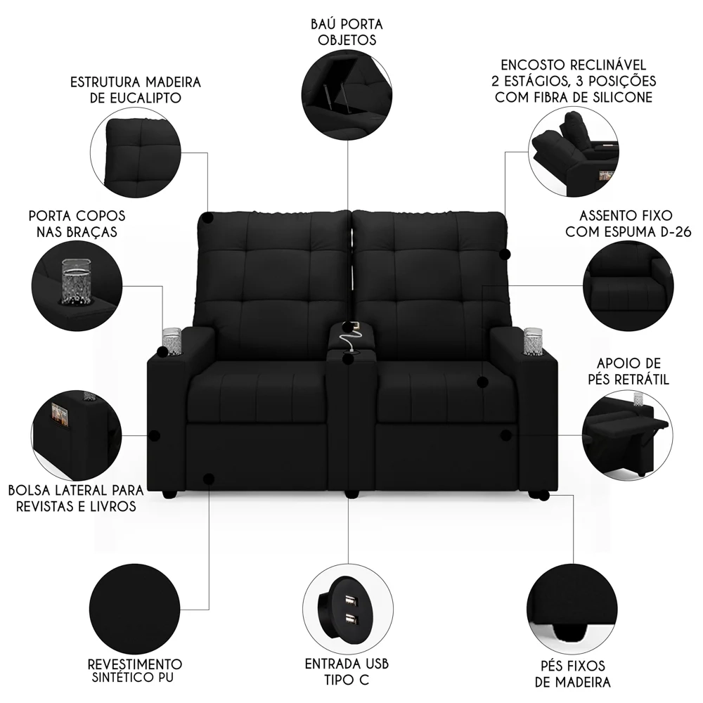 Poltrona de Cinema Reclinável 2 Lugares Baú USB Mallie FH9 PU Preto - Mpozenato