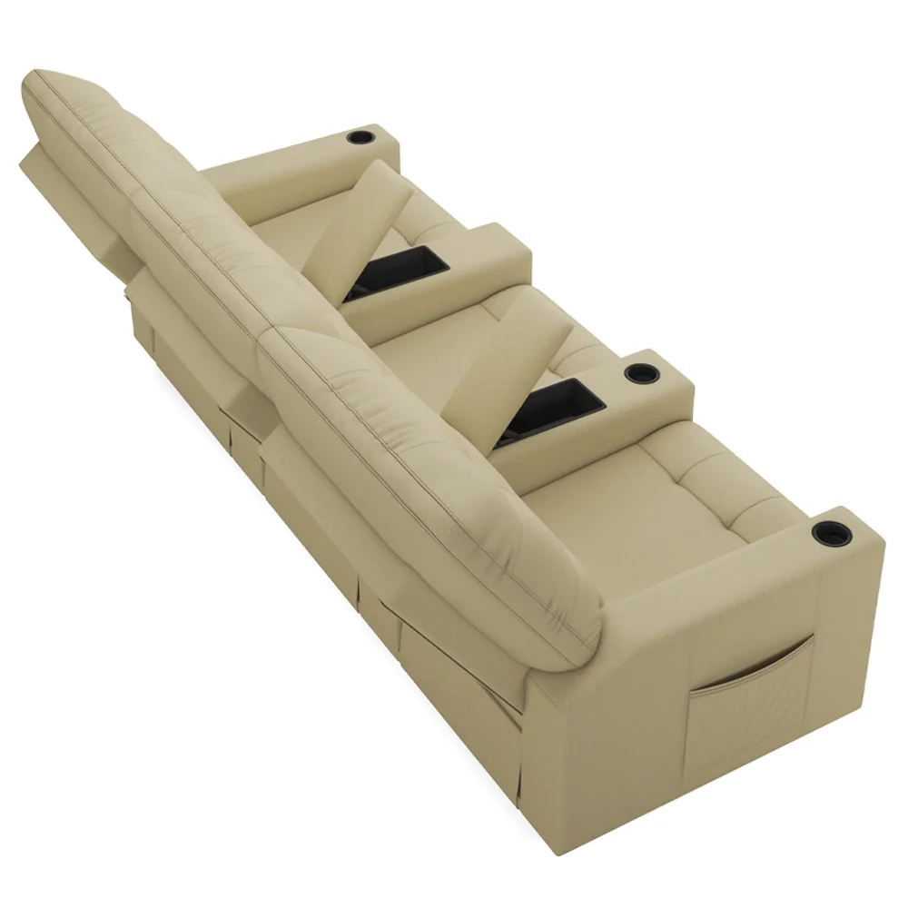 Poltrona de Cinema Reclinável 3 Lugares Baú USB Mallie FH9 Veludo Bege - Mpozenato