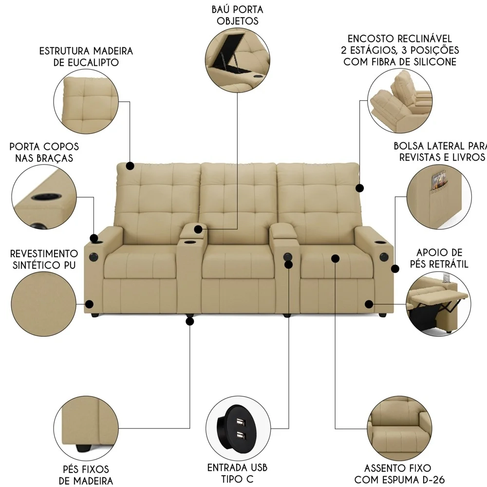 Poltrona de Cinema Reclinável 3 Lugares Baú USB Mallie FH9 Veludo Bege - Mpozenato