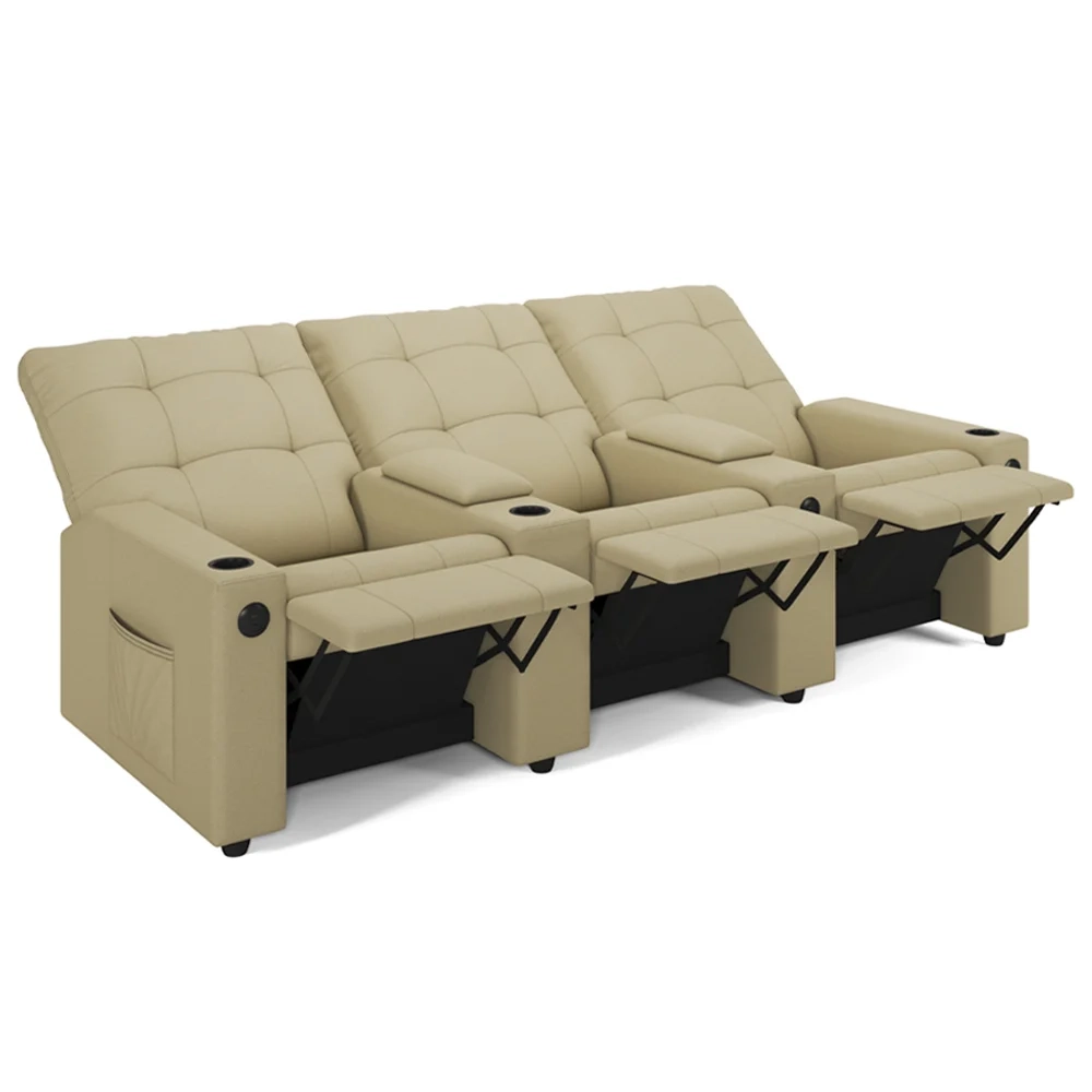 Poltrona de Cinema Reclinável 3 Lugares Baú USB Mallie FH9 Veludo Bege - Mpozenato