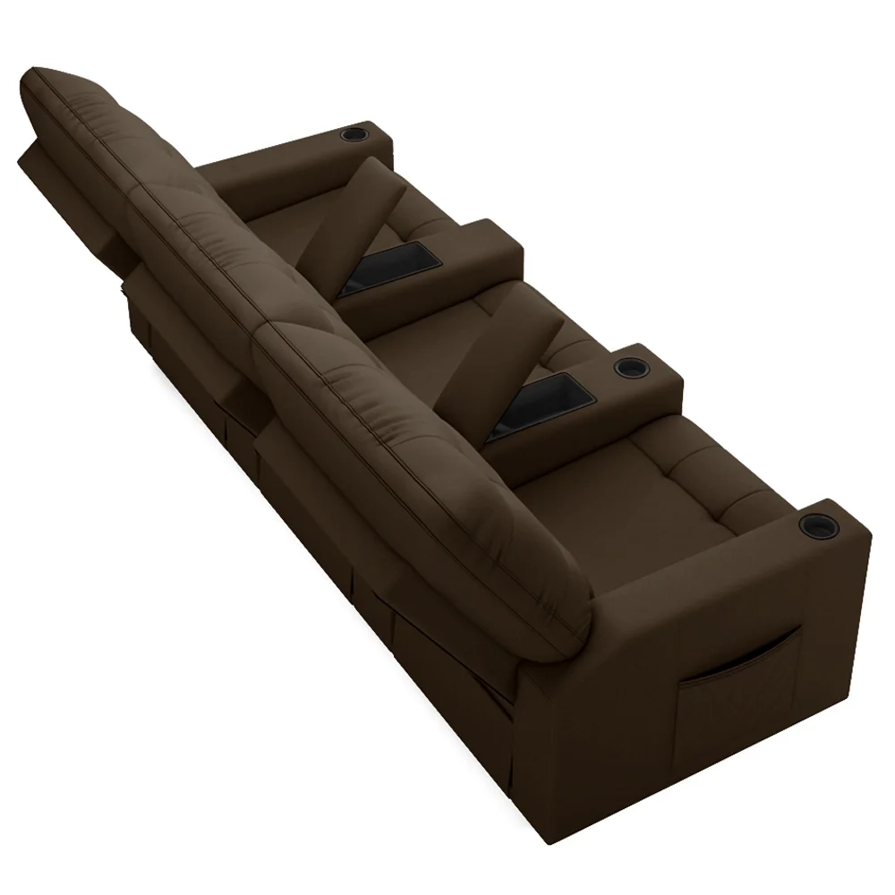 Poltrona de Cinema Reclinável 3 Lugares Baú USB Mallie FH9 Veludo Marrom - Mpozenato