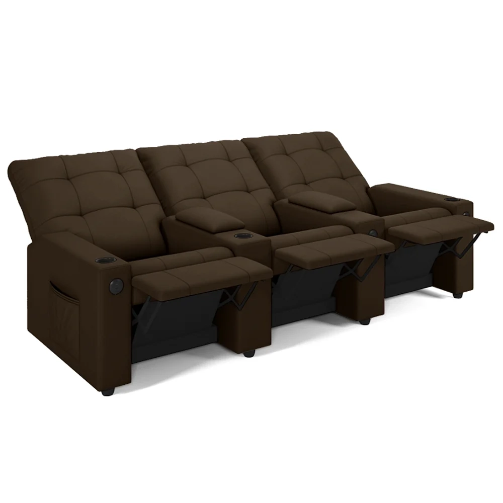 Poltrona de Cinema Reclinável 3 Lugares Baú USB Mallie FH9 Veludo Marrom - Mpozenato