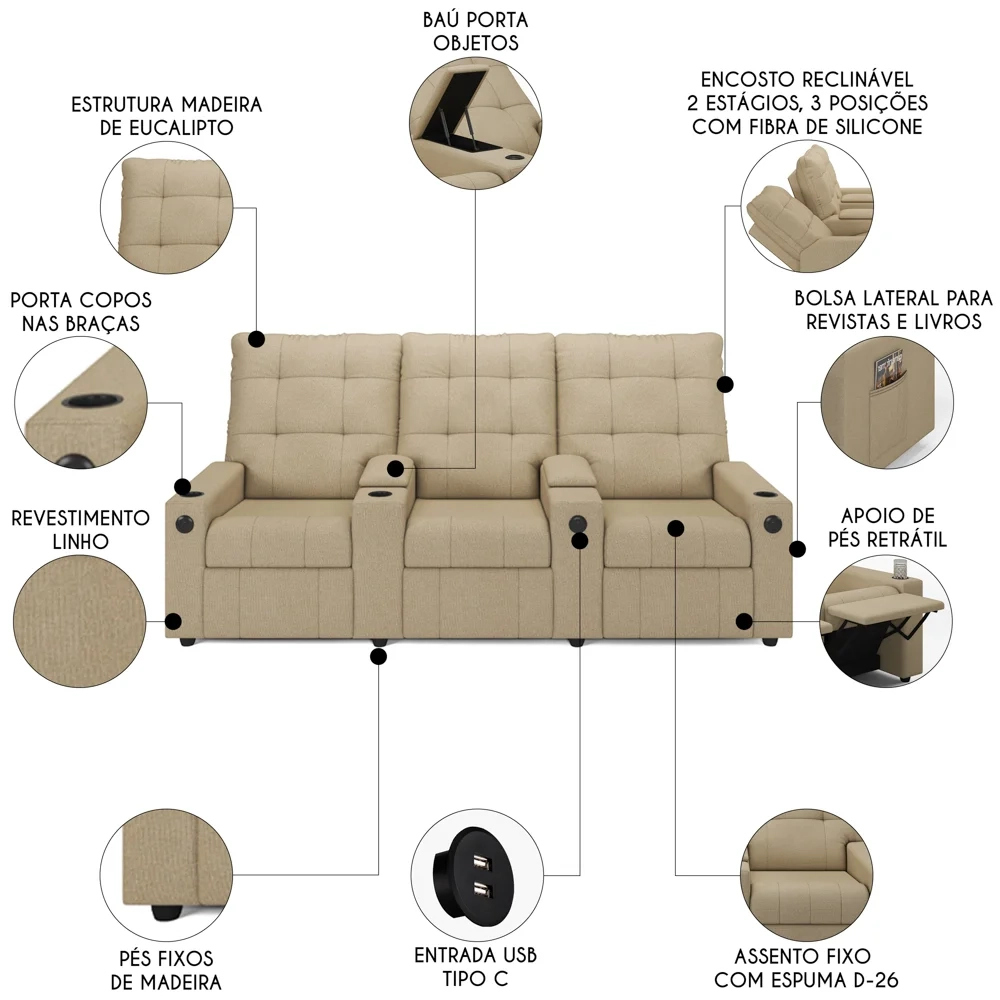Poltrona de Cinema Reclinável 3 Lugares Baú USB Mallie FH9 Linho Bege - Mpozenato