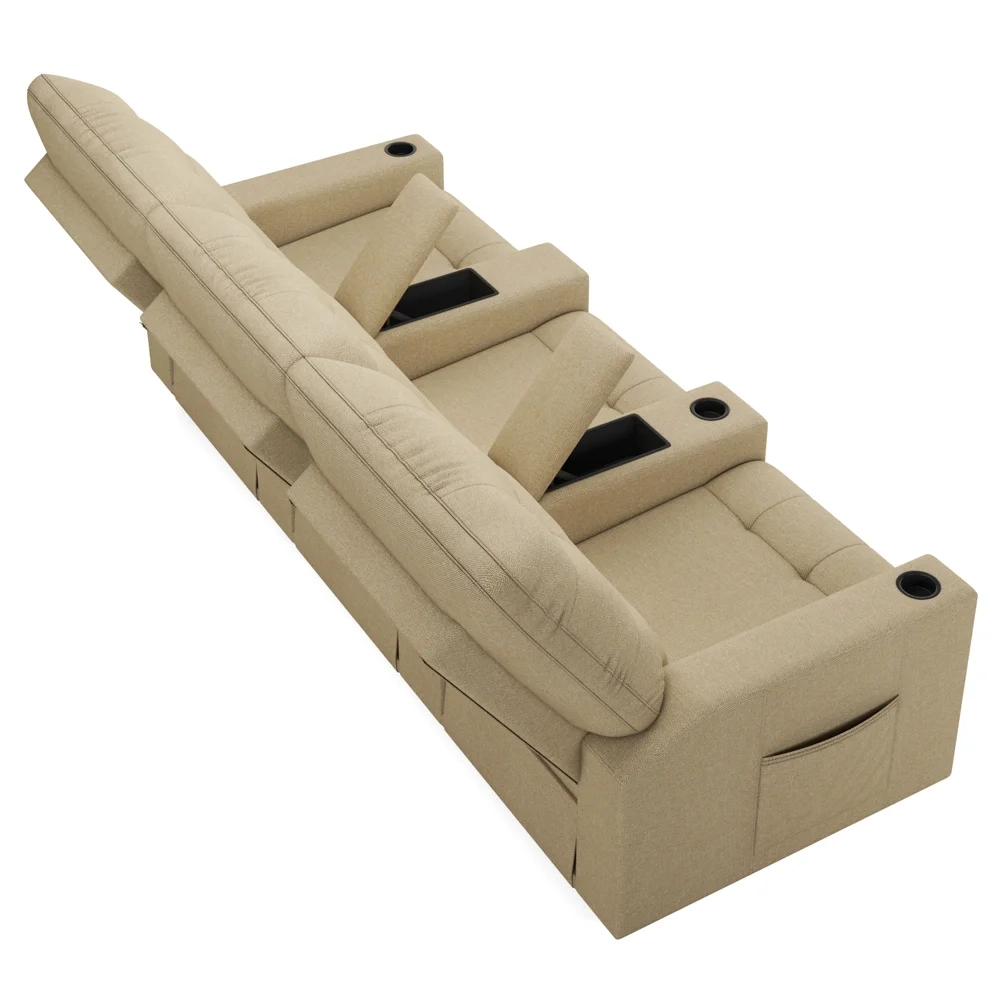 Poltrona de Cinema Reclinável 3 Lugares Baú USB Mallie FH9 Linho Bege - Mpozenato