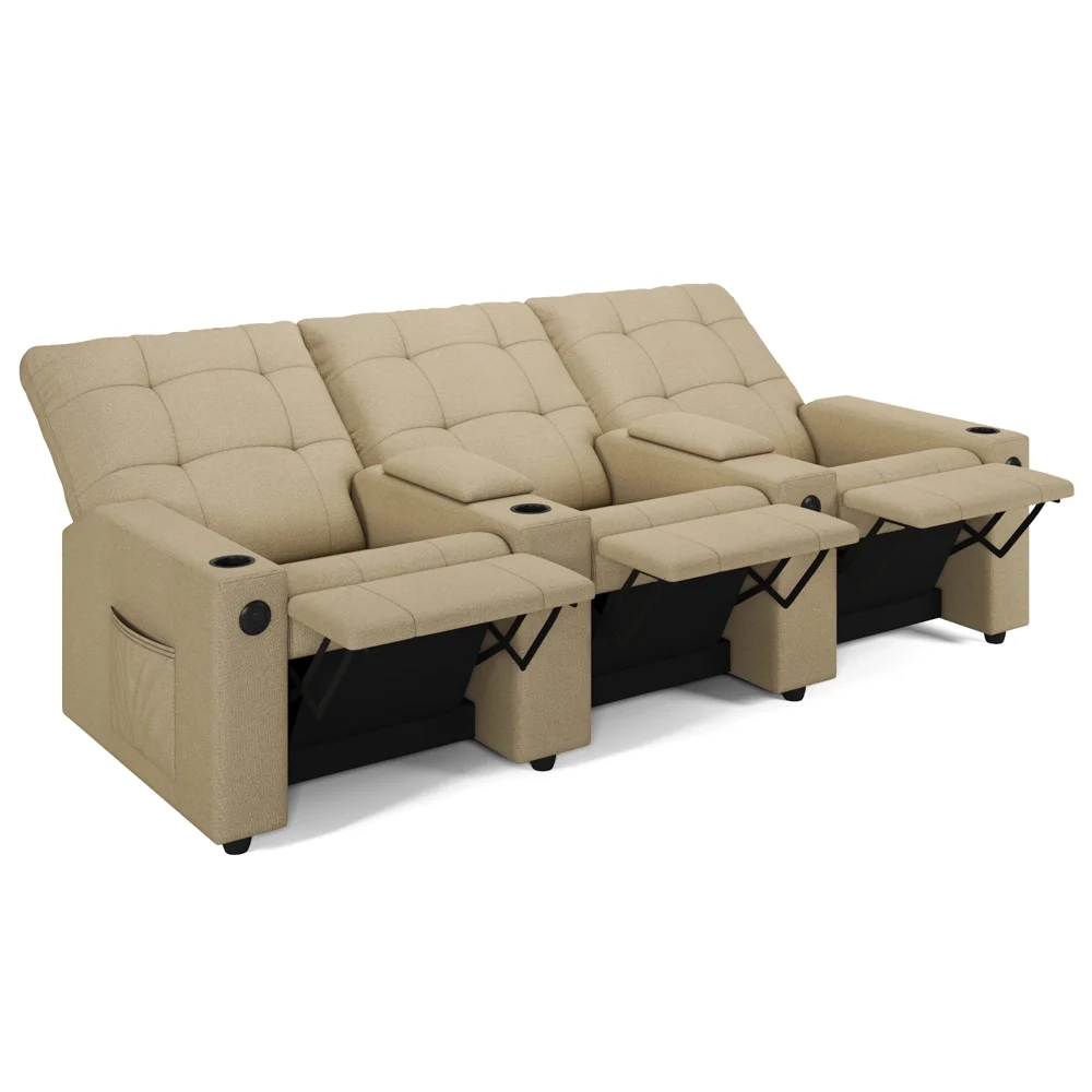 Poltrona de Cinema Reclinável 3 Lugares Baú USB Mallie FH9 Linho Bege - Mpozenato