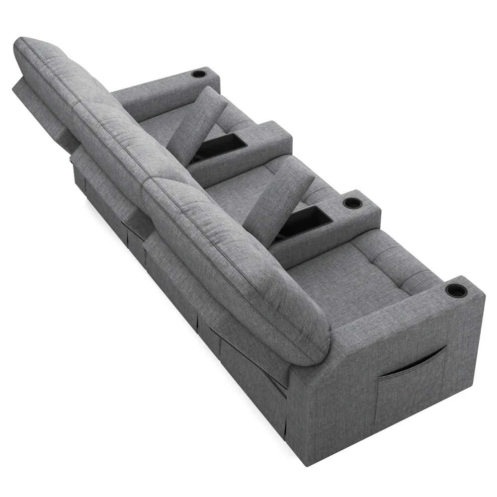 Poltrona de Cinema Reclinável 3 Lugares Baú USB Mallie FH9 Linho Cinza - Mpozenato