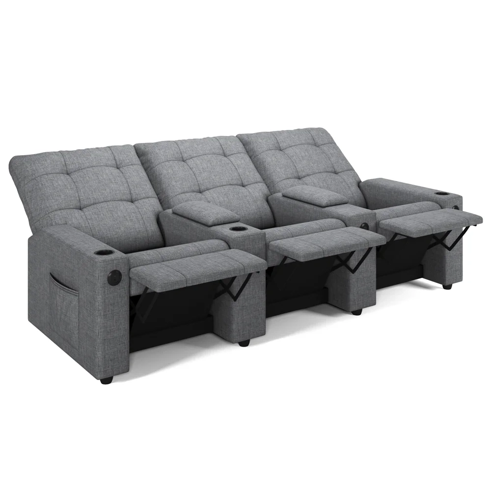 Poltrona de Cinema Reclinável 3 Lugares Baú USB Mallie FH9 Linho Cinza - Mpozenato