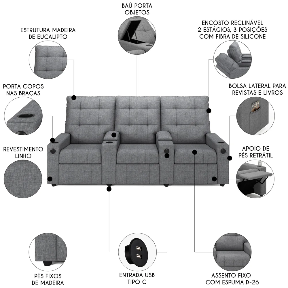 Poltrona de Cinema Reclinável 3 Lugares Baú USB Mallie FH9 Linho Cinza - Mpozenato