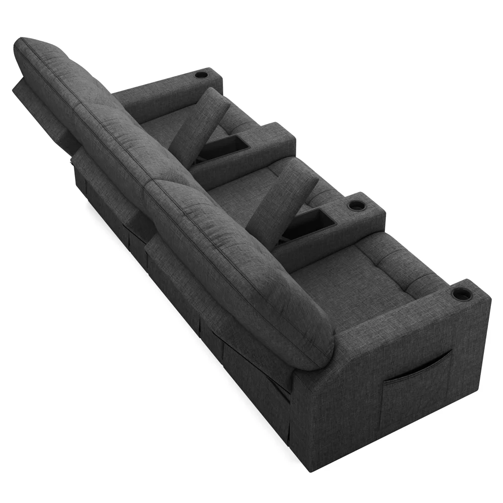 Poltrona de Cinema Reclinável 3 Lugares Baú USB Mallie FH9 Linho Grafite - Mpozenato