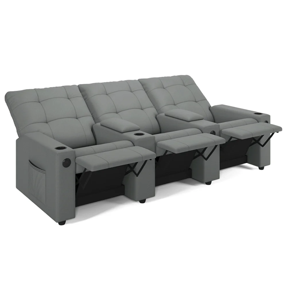 Poltrona de Cinema Reclinável 3 Lugares Baú USB Mallie FH9 PU Cinza - Mpozenato