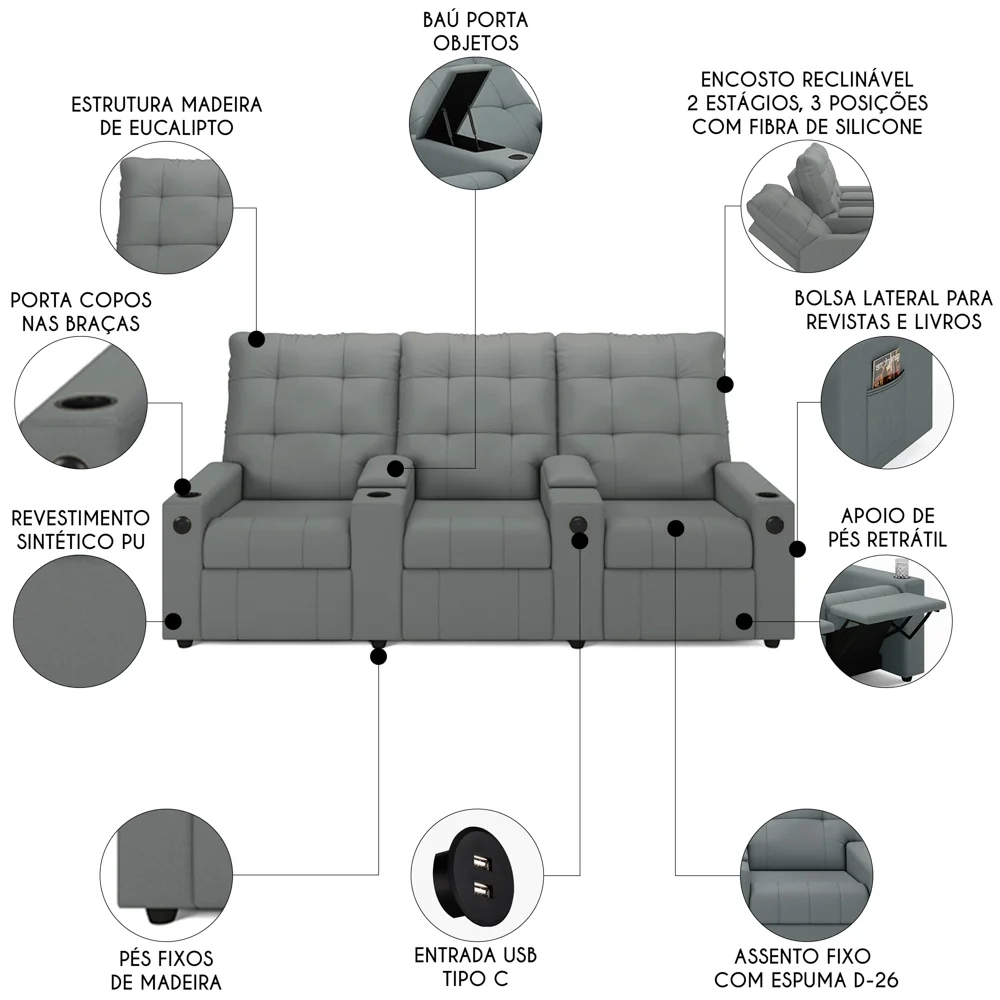 Poltrona de Cinema Reclinável 3 Lugares Baú USB Mallie FH9 PU Cinza - Mpozenato