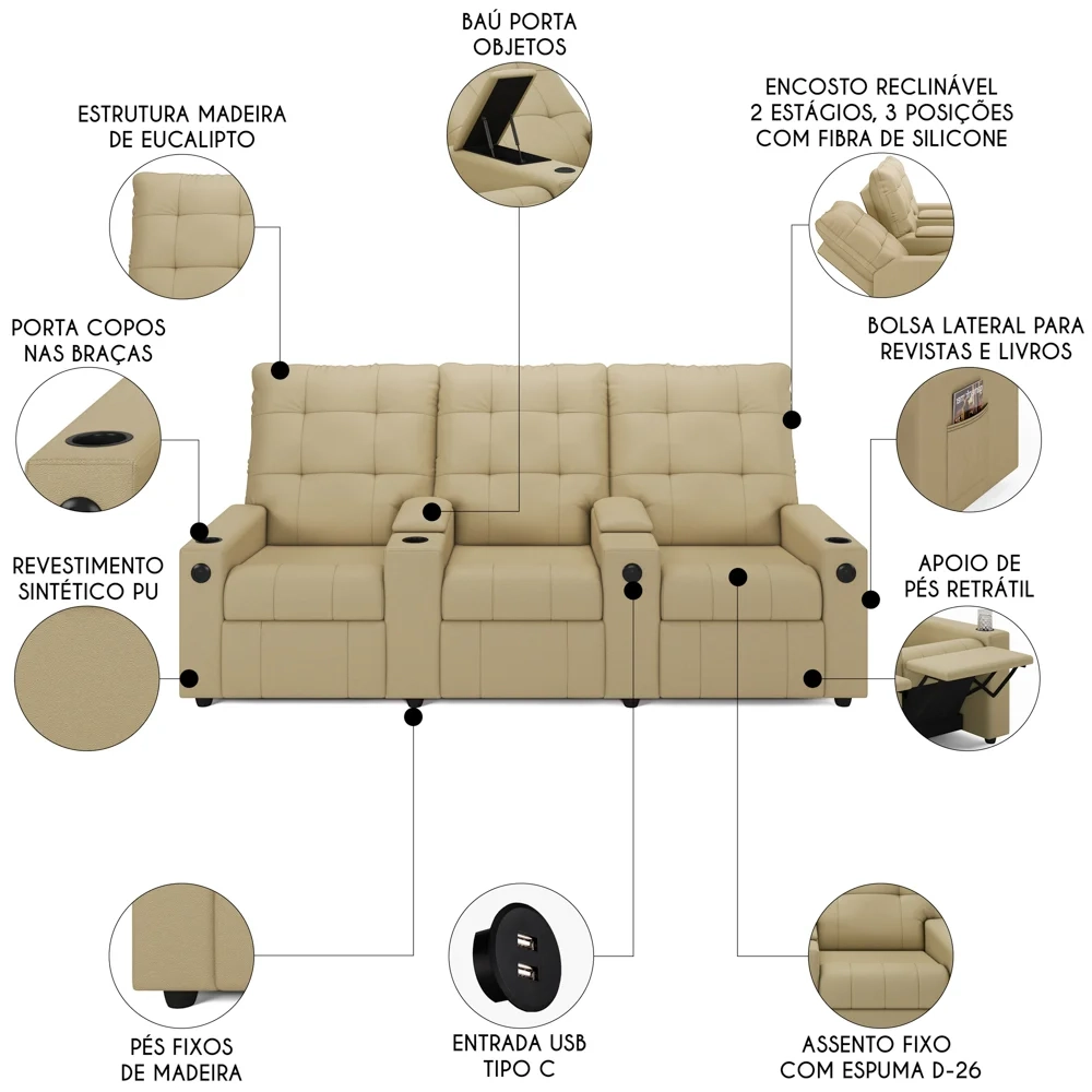 Poltrona de Cinema Reclinável 3 Lugares Baú USB Mallie FH9 PU Bege - Mpozenato
