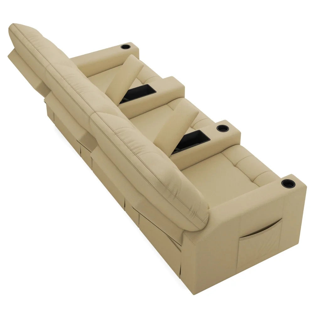 Poltrona de Cinema Reclinável 3 Lugares Baú USB Mallie FH9 PU Bege - Mpozenato