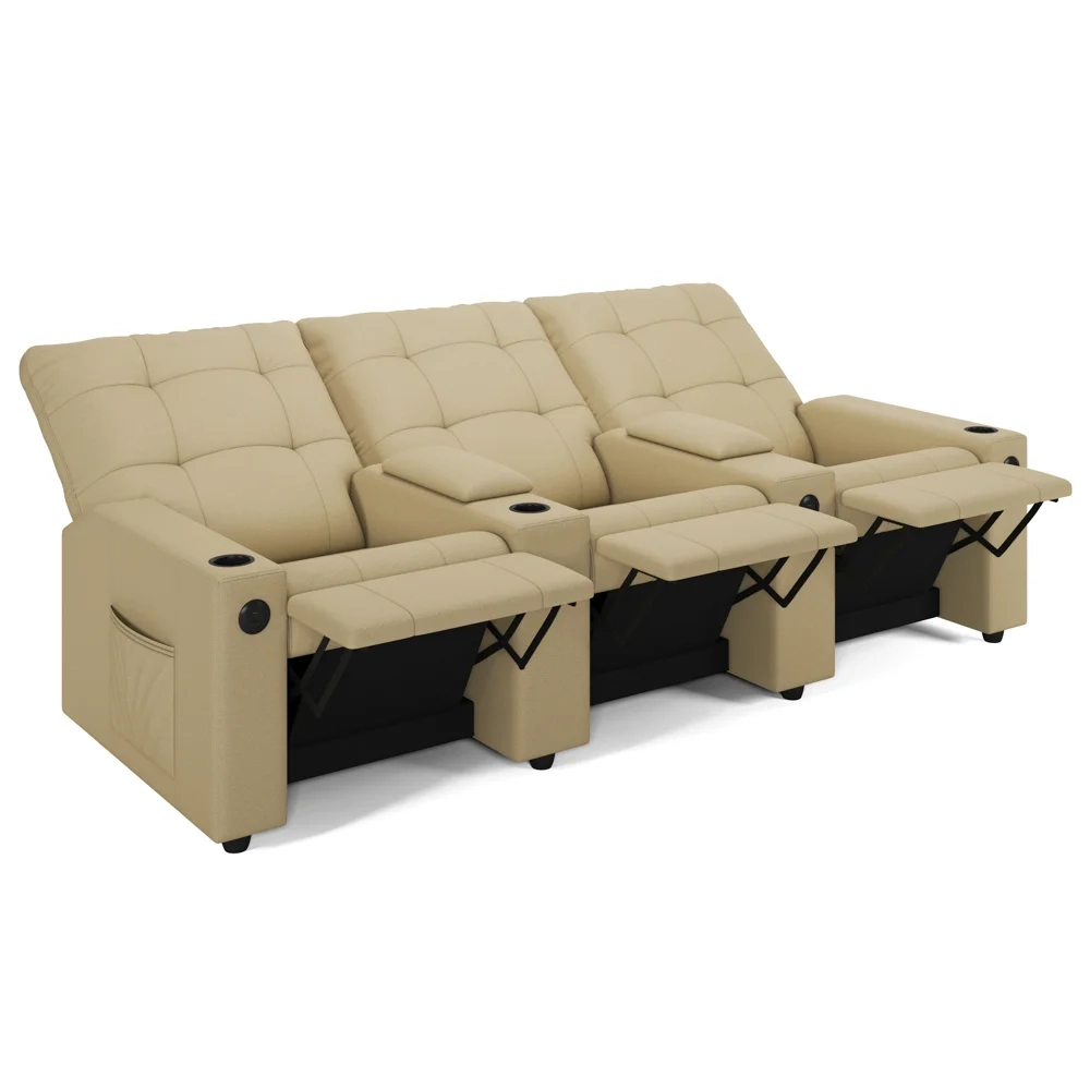 Poltrona de Cinema Reclinável 3 Lugares Baú USB Mallie FH9 PU Bege - Mpozenato