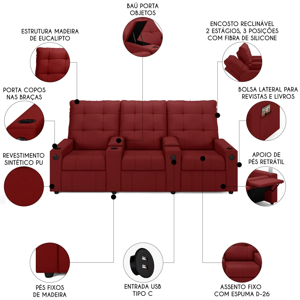 Poltrona de Cinema Reclinável 3 Lugares Baú USB Mallie FH9 PU Vermelho - Mpozenato