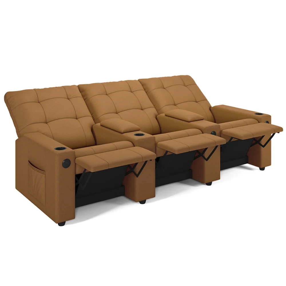 Poltrona de Cinema Reclinável 3 Lugares Baú USB Mallie FH9 PU Caramelo - Mpozenato