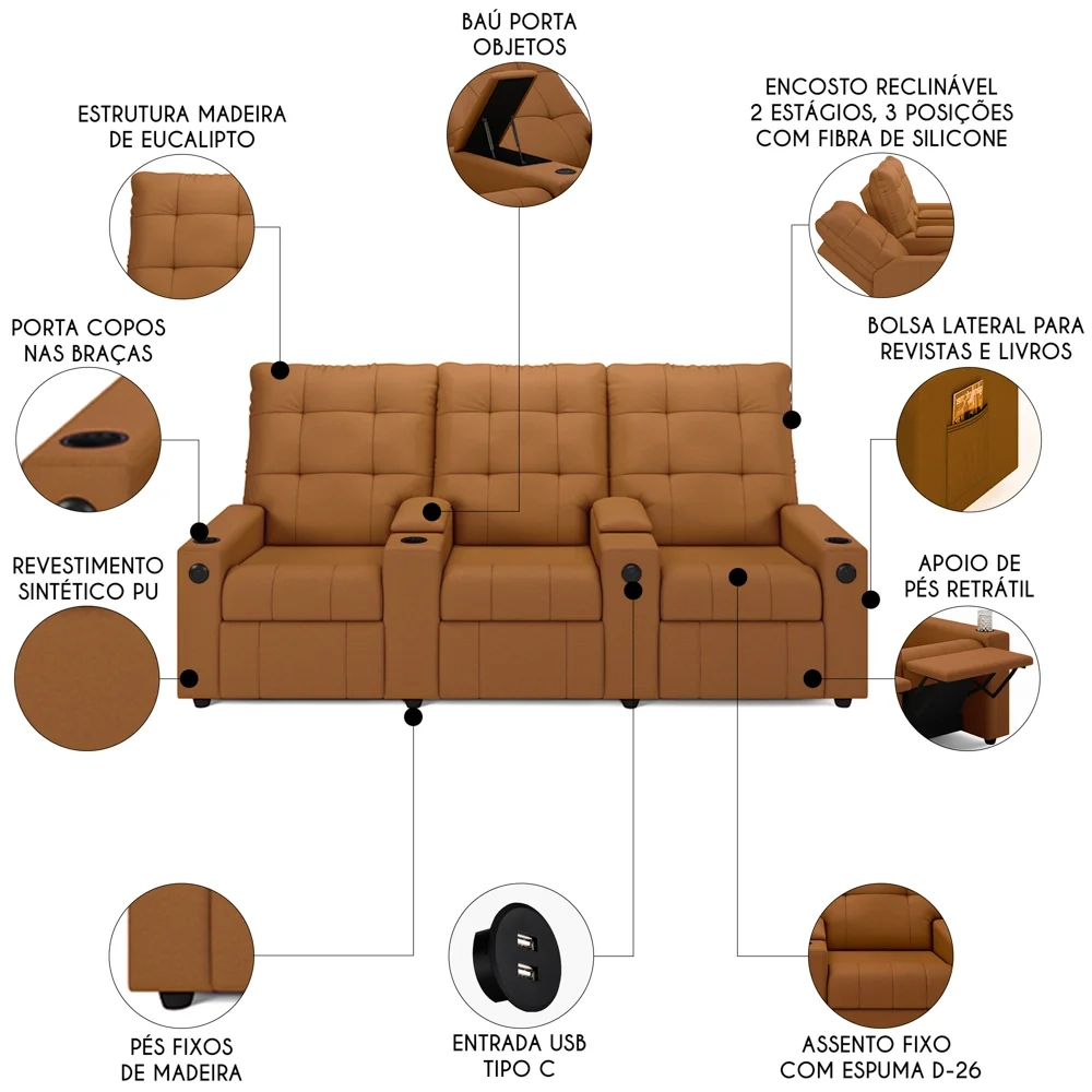 Poltrona de Cinema Reclinável 3 Lugares Baú USB Mallie FH9 PU Caramelo - Mpozenato