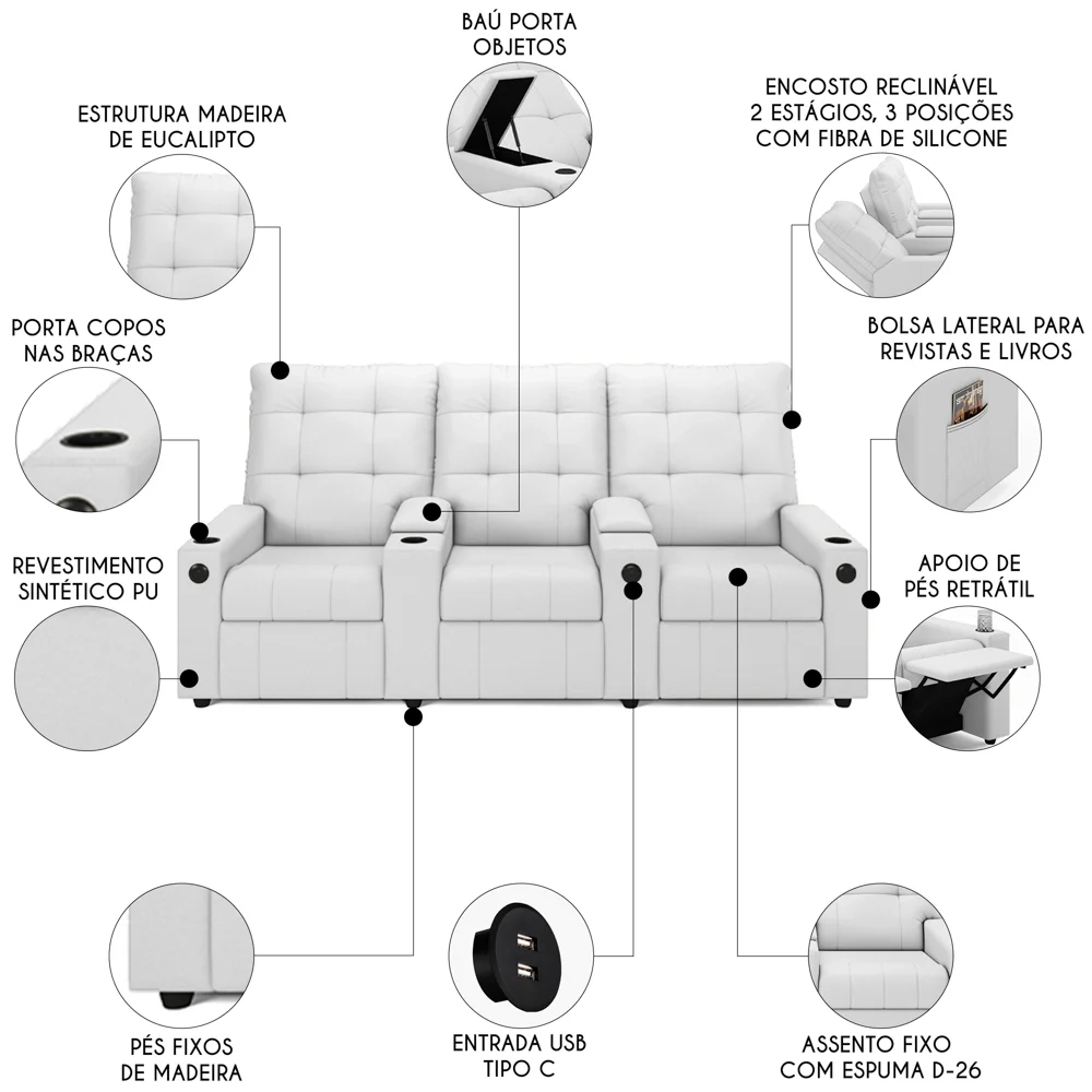 Poltrona de Cinema Reclinável 3 Lugares Baú USB Mallie FH9 PU Branco - Mpozenato