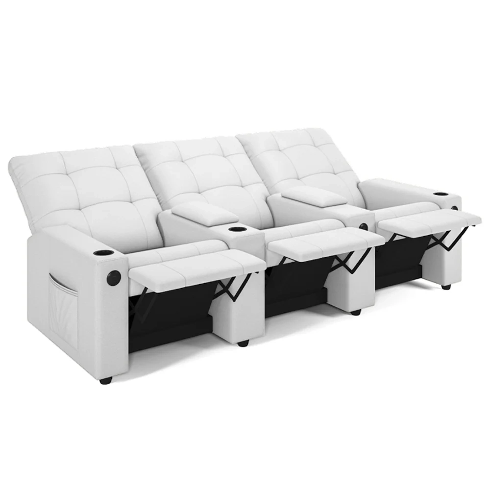 Poltrona de Cinema Reclinável 3 Lugares Baú USB Mallie FH9 PU Branco - Mpozenato