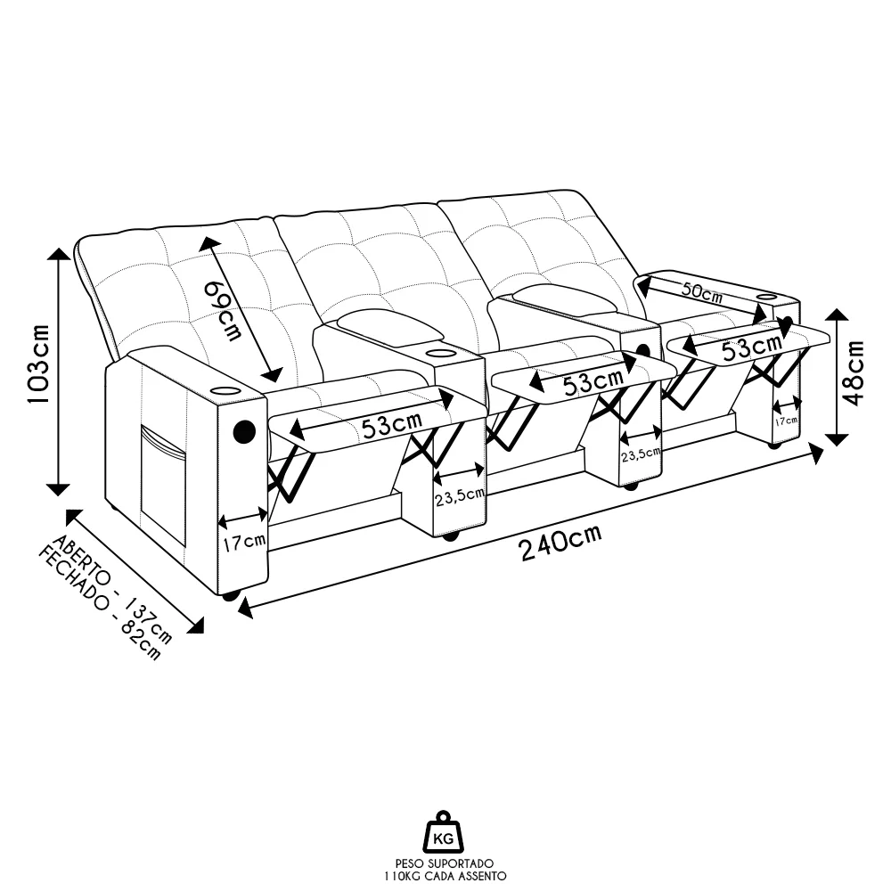 Poltrona de Cinema Reclinável 3 Lugares Baú USB Mallie FH9 PU Branco - Mpozenato