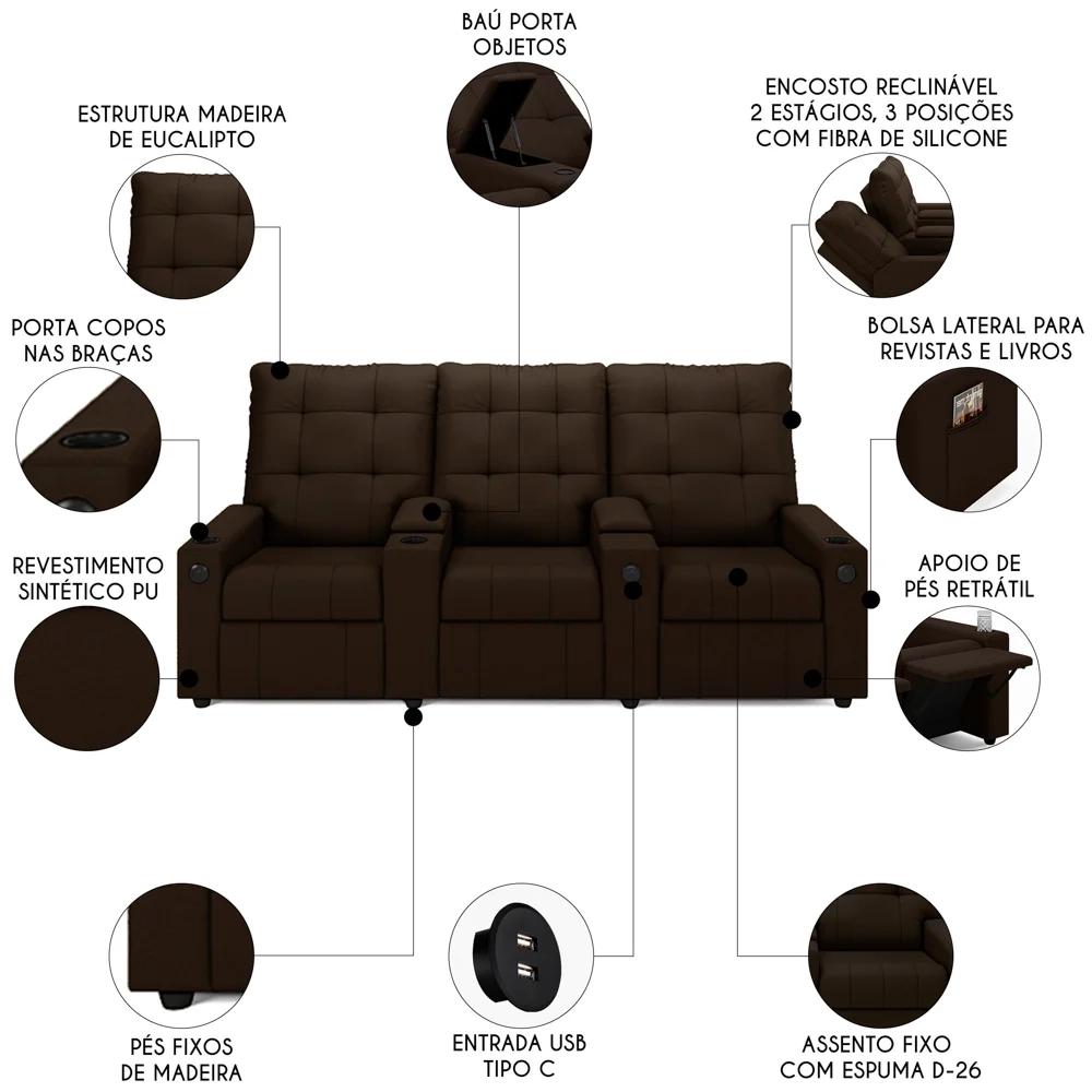 Poltrona de Cinema Reclinável 3 Lugares Baú USB Mallie FH9 PU Marrom - Mpozenato