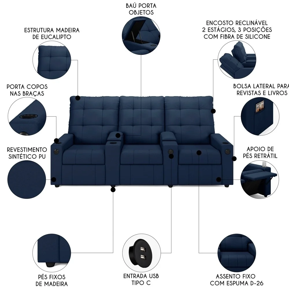 Poltrona de Cinema Reclinável 3 Lugares Baú USB Mallie FH9 PU Azul - Mpozenato