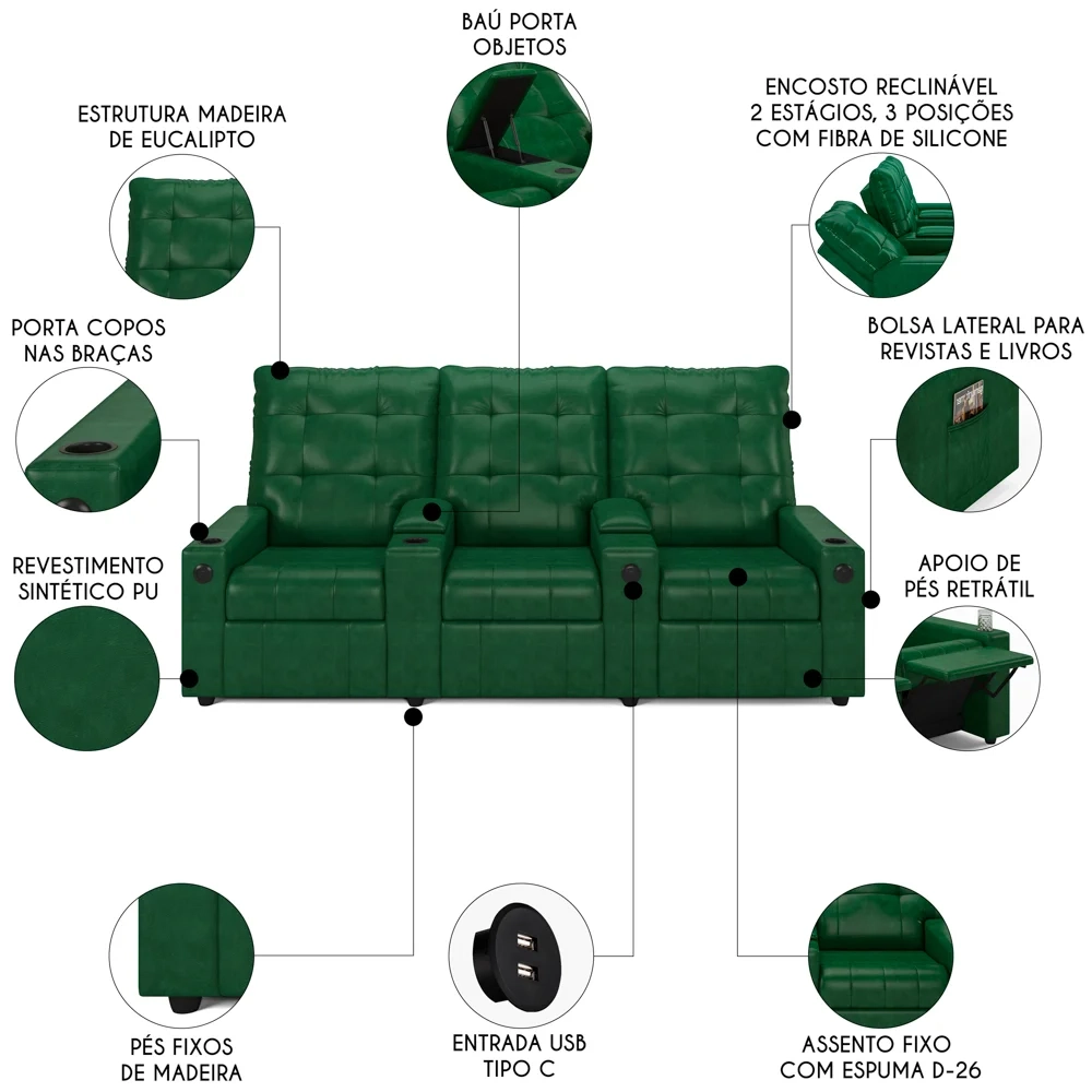 Poltrona de Cinema Reclinável 3 Lugares Baú USB Mallie FH9 PU Verde Musgo - Mpozenato