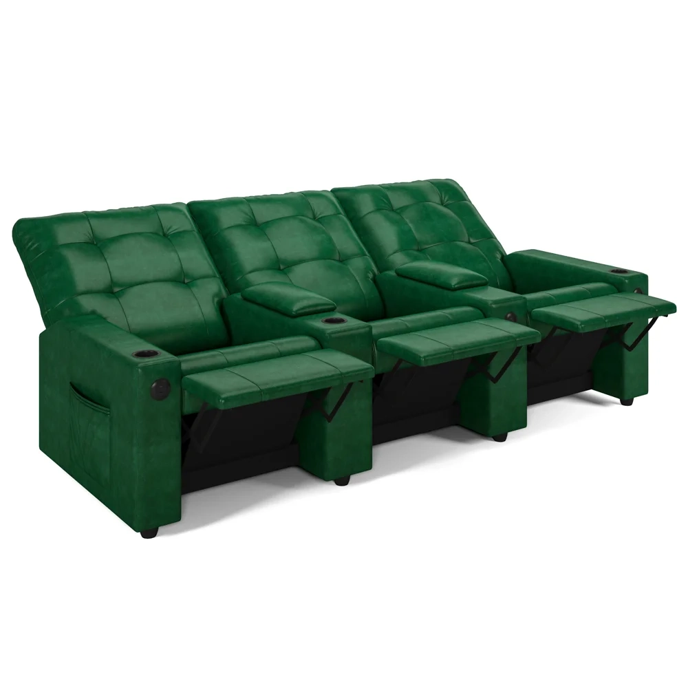 Poltrona de Cinema Reclinável 3 Lugares Baú USB Mallie FH9 PU Verde Musgo - Mpozenato