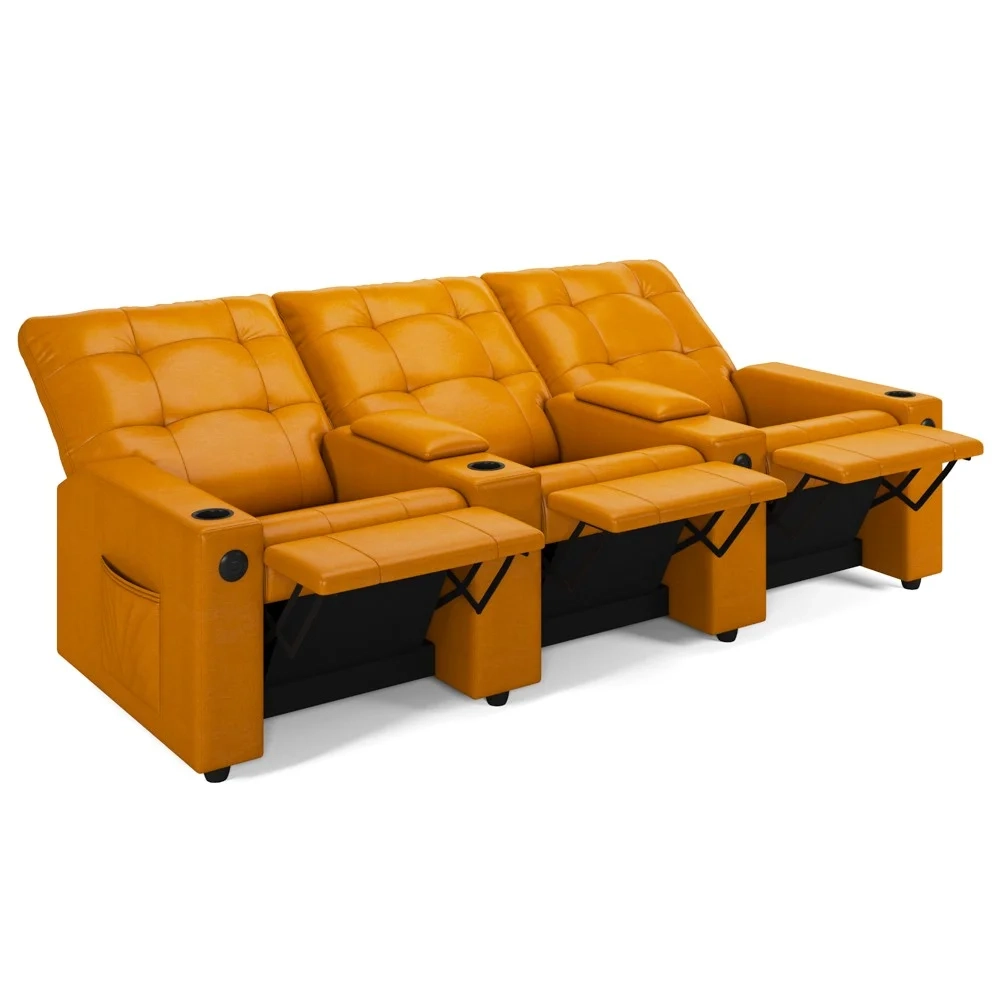 Poltrona de Cinema Reclinável 3 Lugares Baú USB Mallie FH9 PU Whisky - Mpozenato