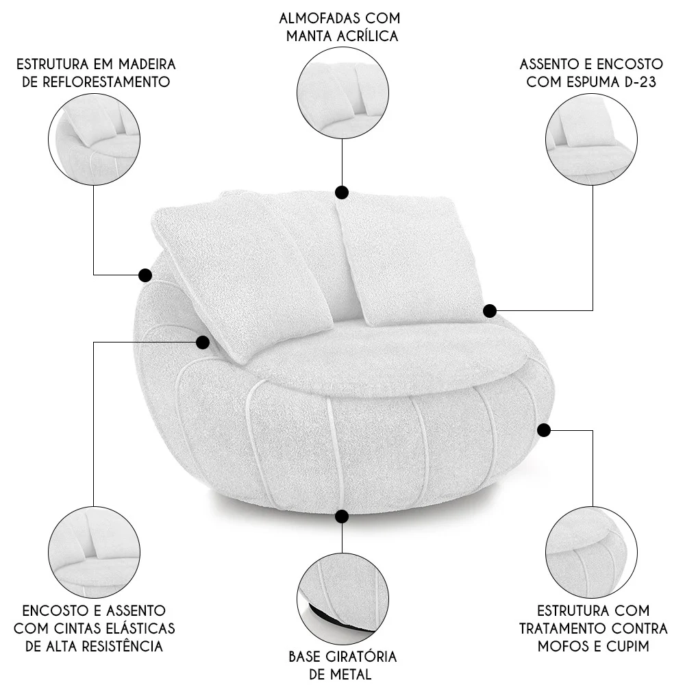 Poltrona Decorativa Redonda Giratória com Almofadas Saphire Z32 Boucle Branco - Mpozenato