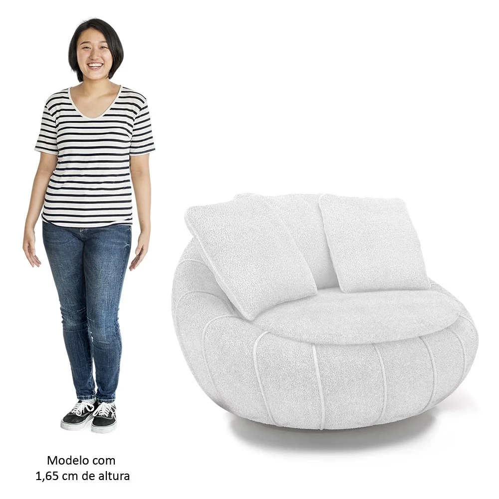 Poltrona Decorativa Redonda Giratória com Almofadas Saphire Z32 Boucle Branco - Mpozenato