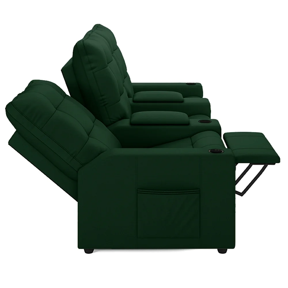 Poltrona de Cinema Reclinável 3 Lugares Baú USB Mallie FH9 Veludo Verde - Mpozenato