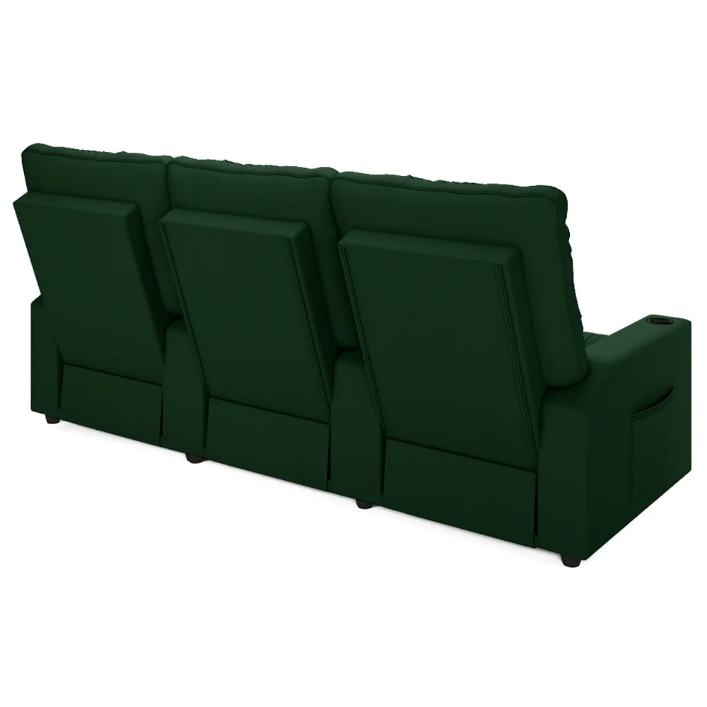 Poltrona de Cinema Reclinável 3 Lugares Baú USB Mallie FH9 Veludo Verde - Mpozenato
