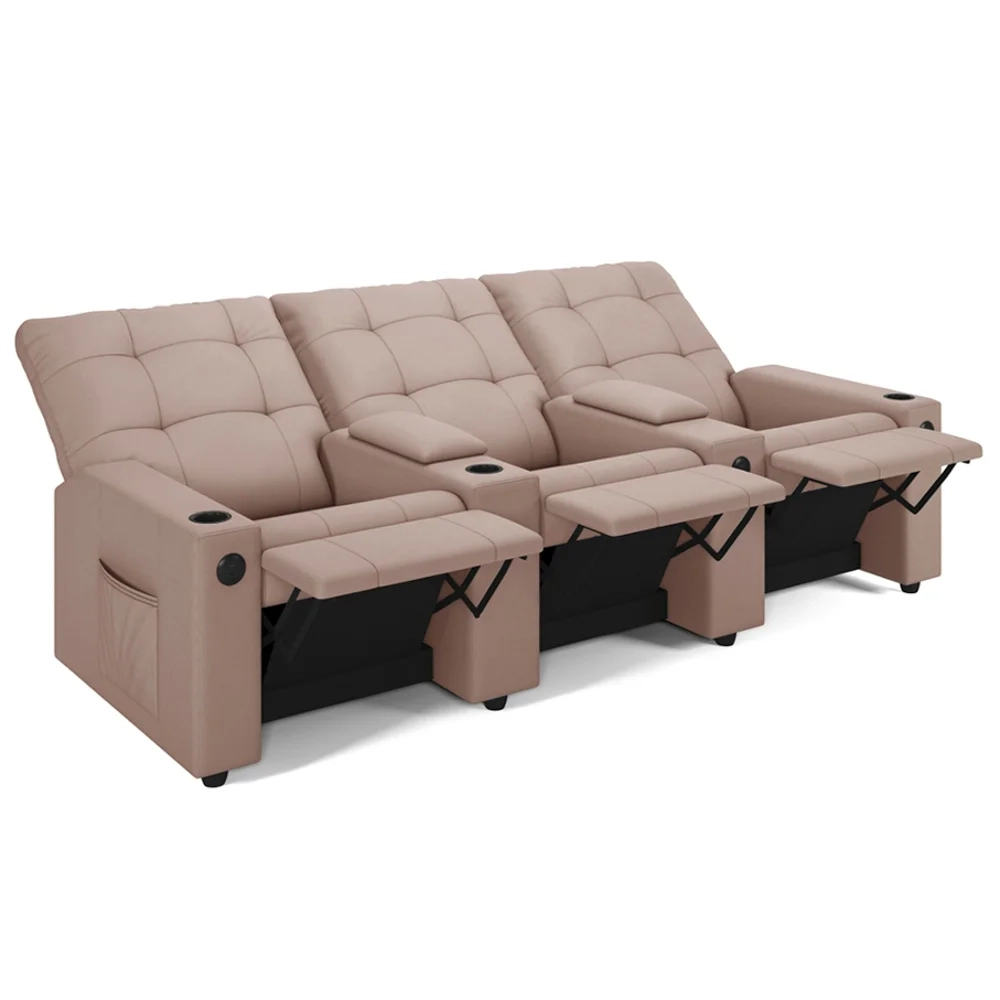 Poltrona de Cinema Reclinável 3 Lugares Baú USB Mallie FH9 Veludo Rosê - Mpozenato
