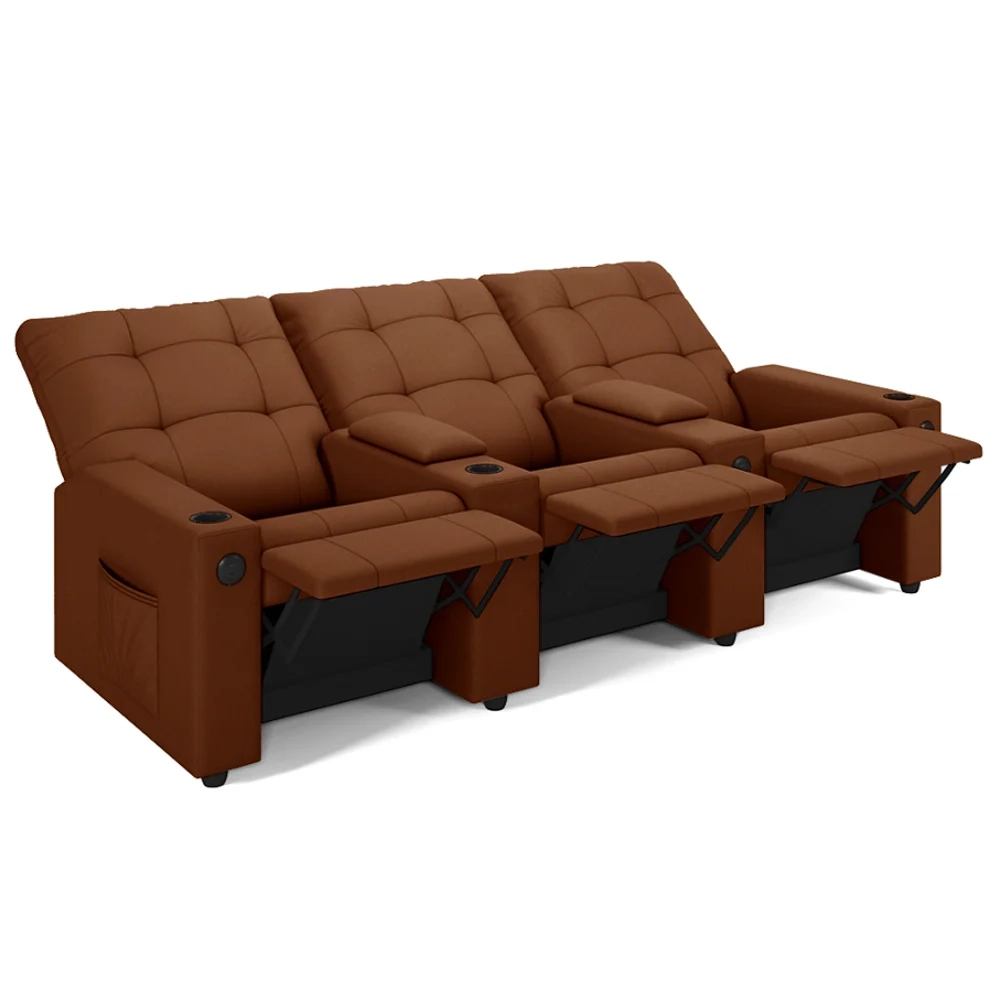 Poltrona de Cinema Reclinável 3 Lugares Baú USB Mallie FH9 Veludo Terracota - Mpozenato