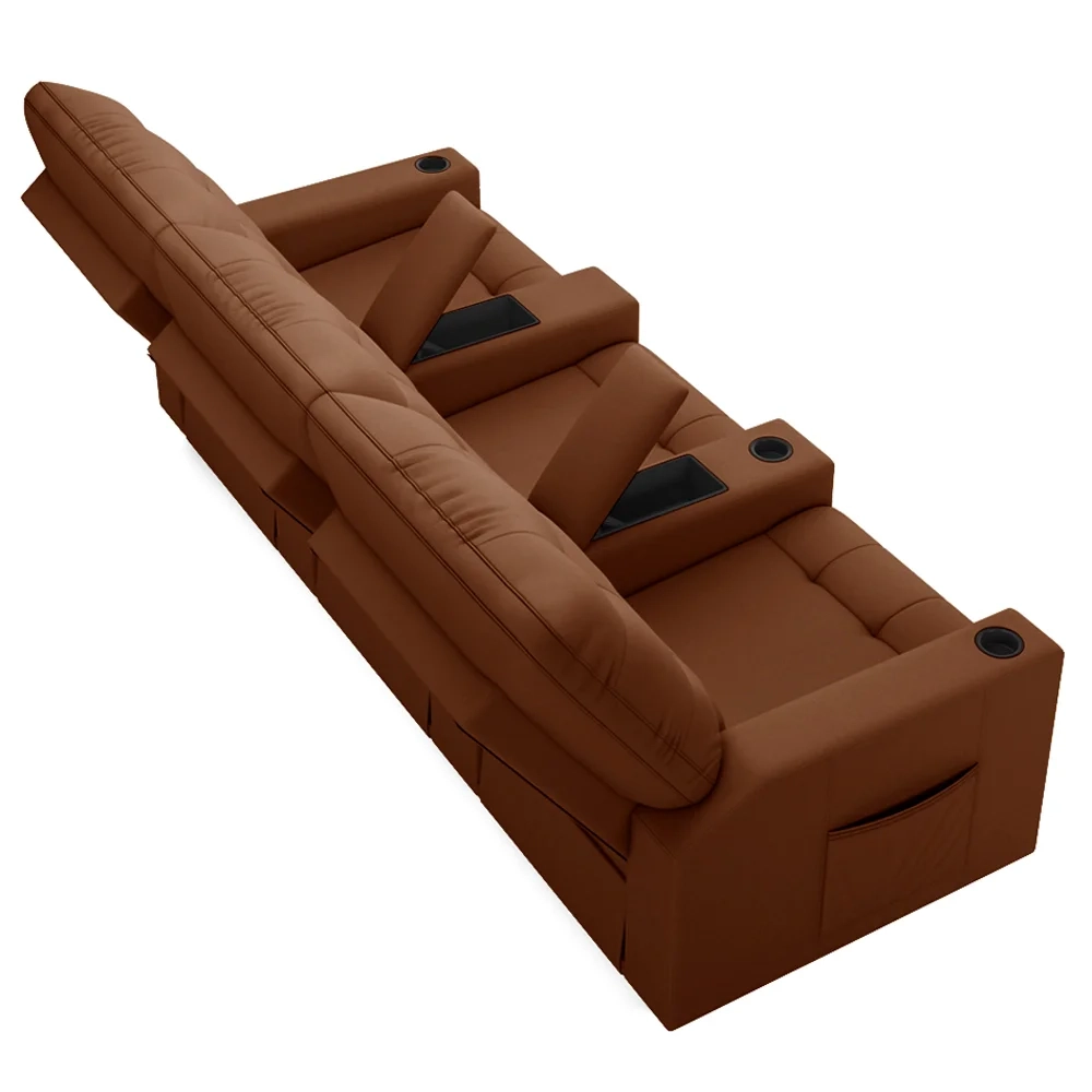 Poltrona de Cinema Reclinável 3 Lugares Baú USB Mallie FH9 Veludo Terracota - Mpozenato