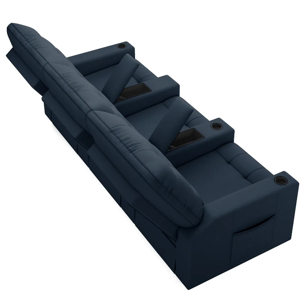 Poltrona de Cinema Reclinável 3 Lugares Baú USB Mallie FH9 Veludo Azul - Mpozenato