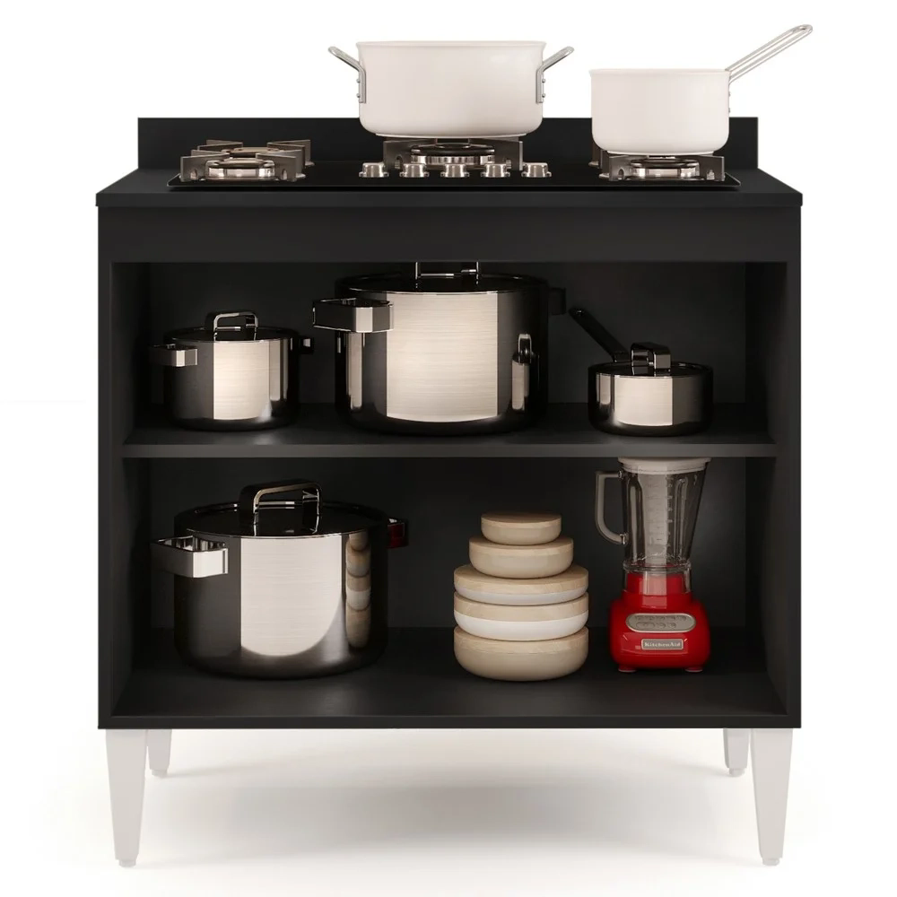 Balcão para Cooktop 80cm 2 Portas Flórida Preto - Lumil Móveis