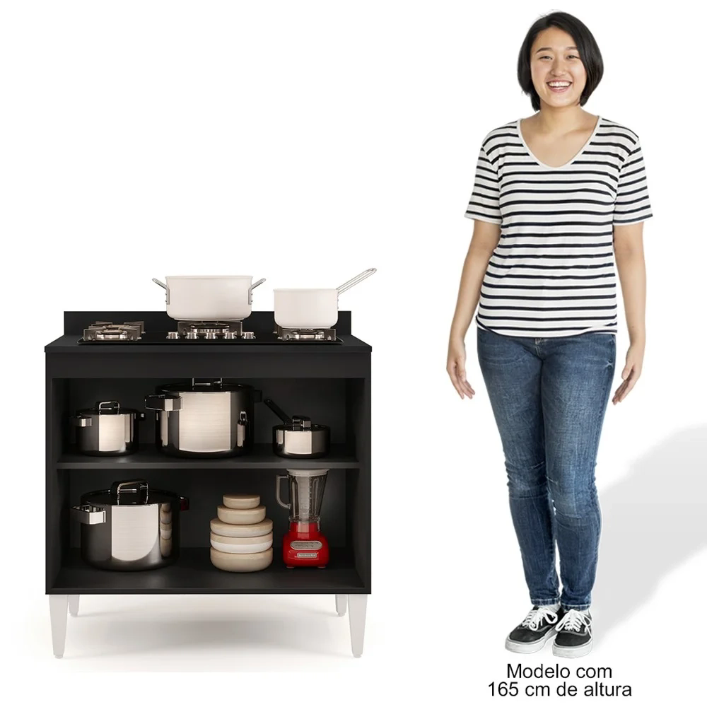 Balcão para Cooktop 80cm 2 Portas Flórida Preto - Lumil Móveis