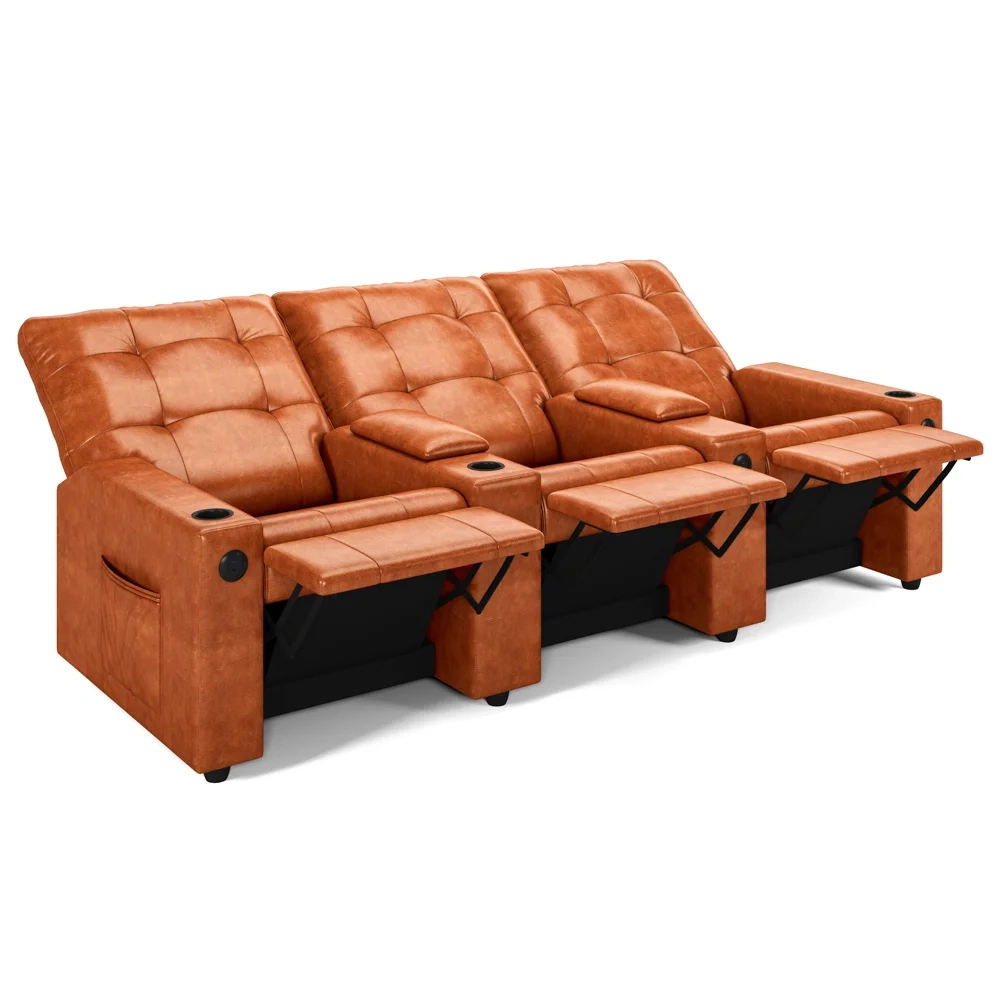 Poltrona de Cinema Reclinável 3 Lugares Baú USB Mallie FH9 PU Caramelo Brilho - Mpozenato