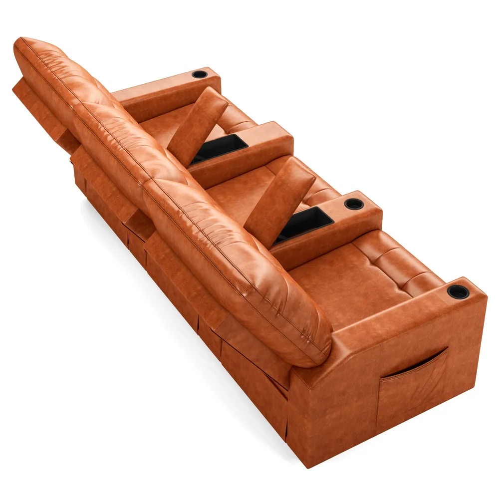Poltrona de Cinema Reclinável 3 Lugares Baú USB Mallie FH9 PU Caramelo Brilho - Mpozenato