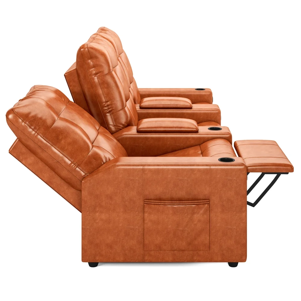 Poltrona de Cinema Reclinável 3 Lugares Baú USB Mallie FH9 PU Caramelo Brilho - Mpozenato