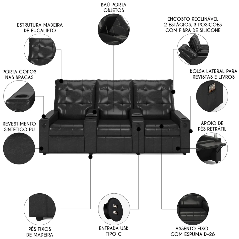 Poltrona de Cinema Reclinável 3 Lugares Baú USB Mallie FH9 PU Preto Brilho - Mpozenato