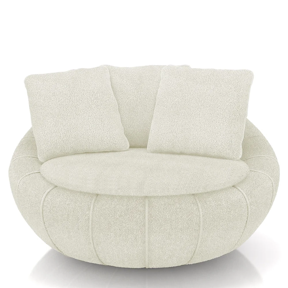 Poltrona Decorativa Redonda Giratória com Almofadas Saphire Z32 Boucle Cru - Mpozenato