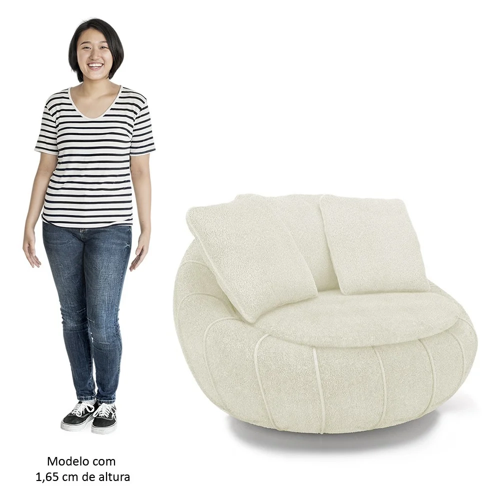Poltrona Decorativa Redonda Giratória com Almofadas Saphire Z32 Boucle Cru - Mpozenato